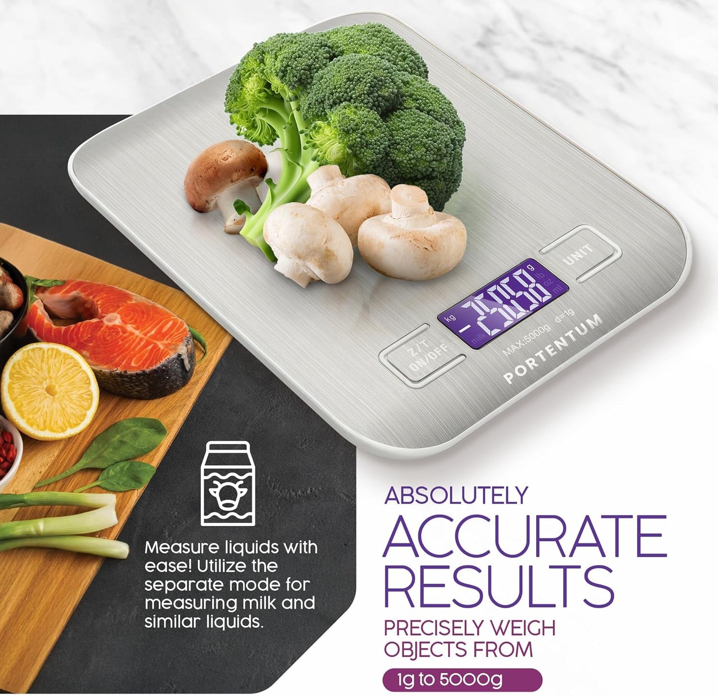 PORTENTUM Digital Kitchen Scale, 11lb Stainless Steel, Precise Food Scale