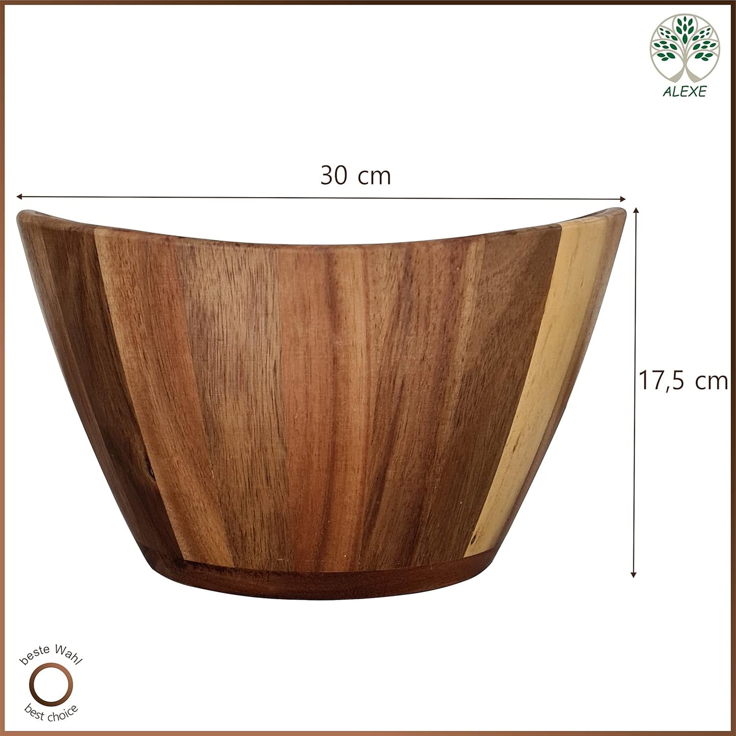 ALEXE® High Quality Acacia Wood Salad Bowl, Large Natural Serving Bowl 30 x 17.5 cm