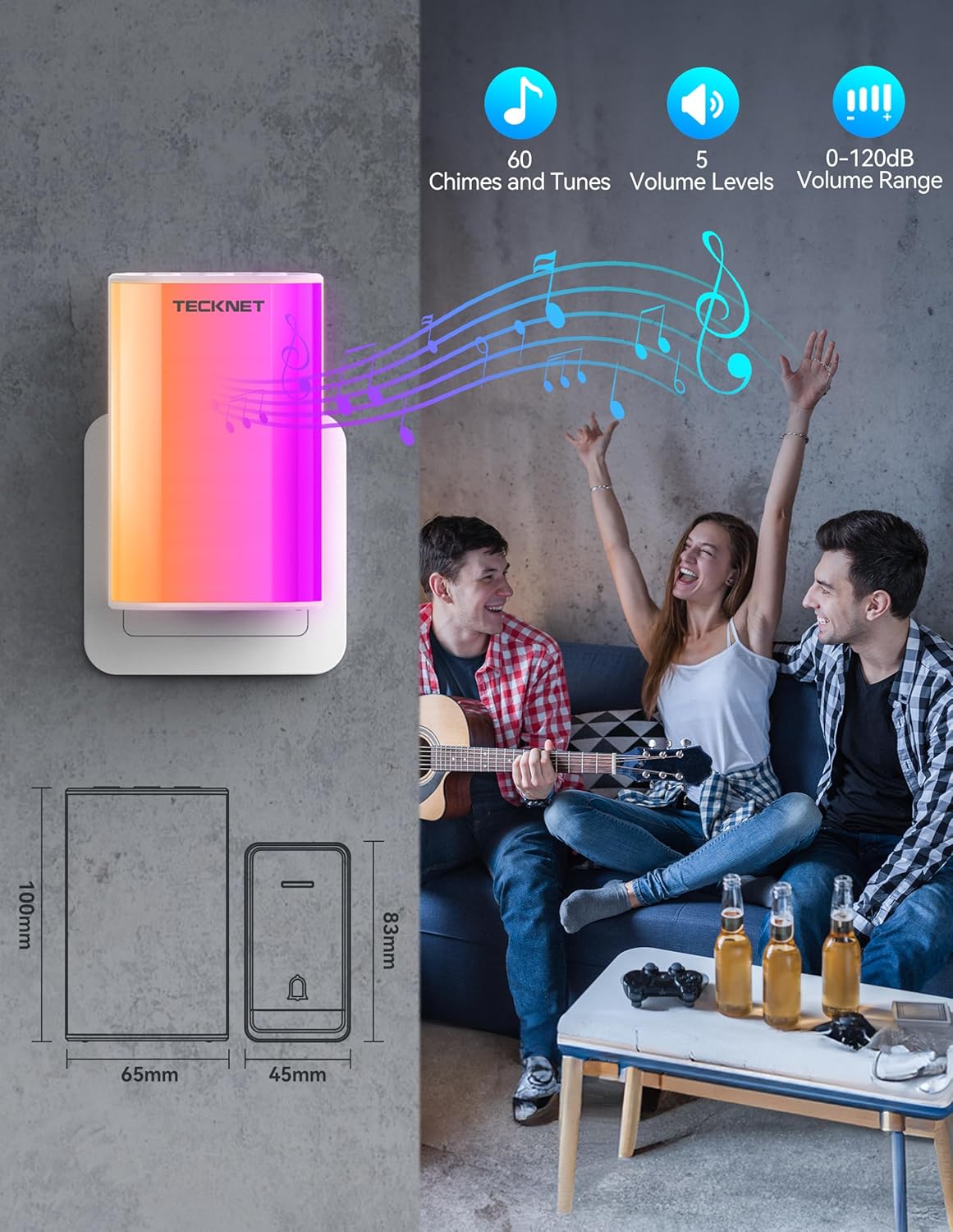 TECKNET Wireless Doorbell: Self-Powered, IP65 Waterproof, Long Range, 60 Chimes