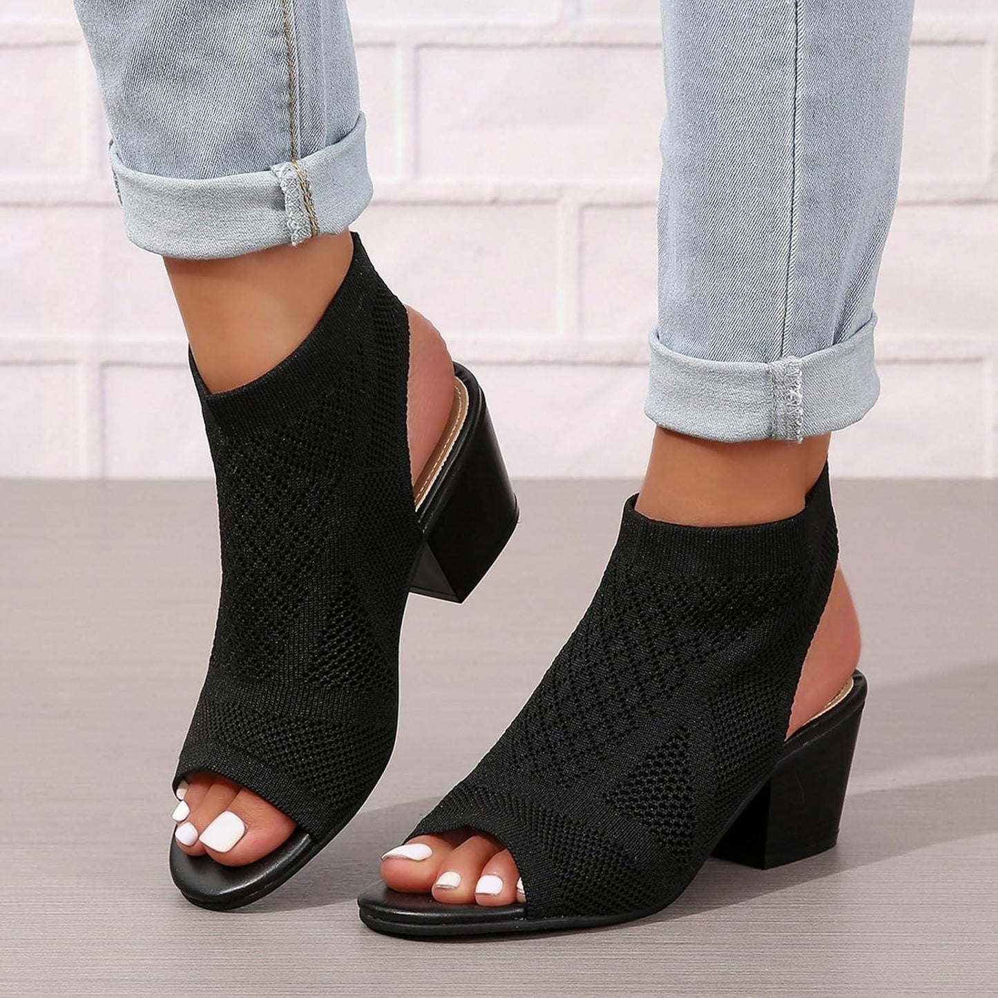 Women's Knit Chunky Block Heel Sandals with Slingback Peep Toe - Gomix Brands Outlet