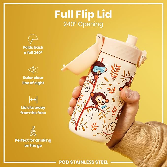 Hand holding a water bottle with monkey design and 'Full Flip Lid' features on a yellow background