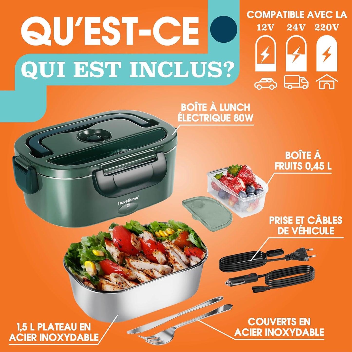 TRAVELISIMO 3-in-1 Electric Lunch Box Food Warmer for Car/Truck/Office