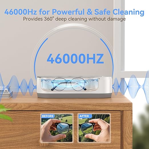 Glasses cleaning device with 46000Hz frequency on a wooden surface.