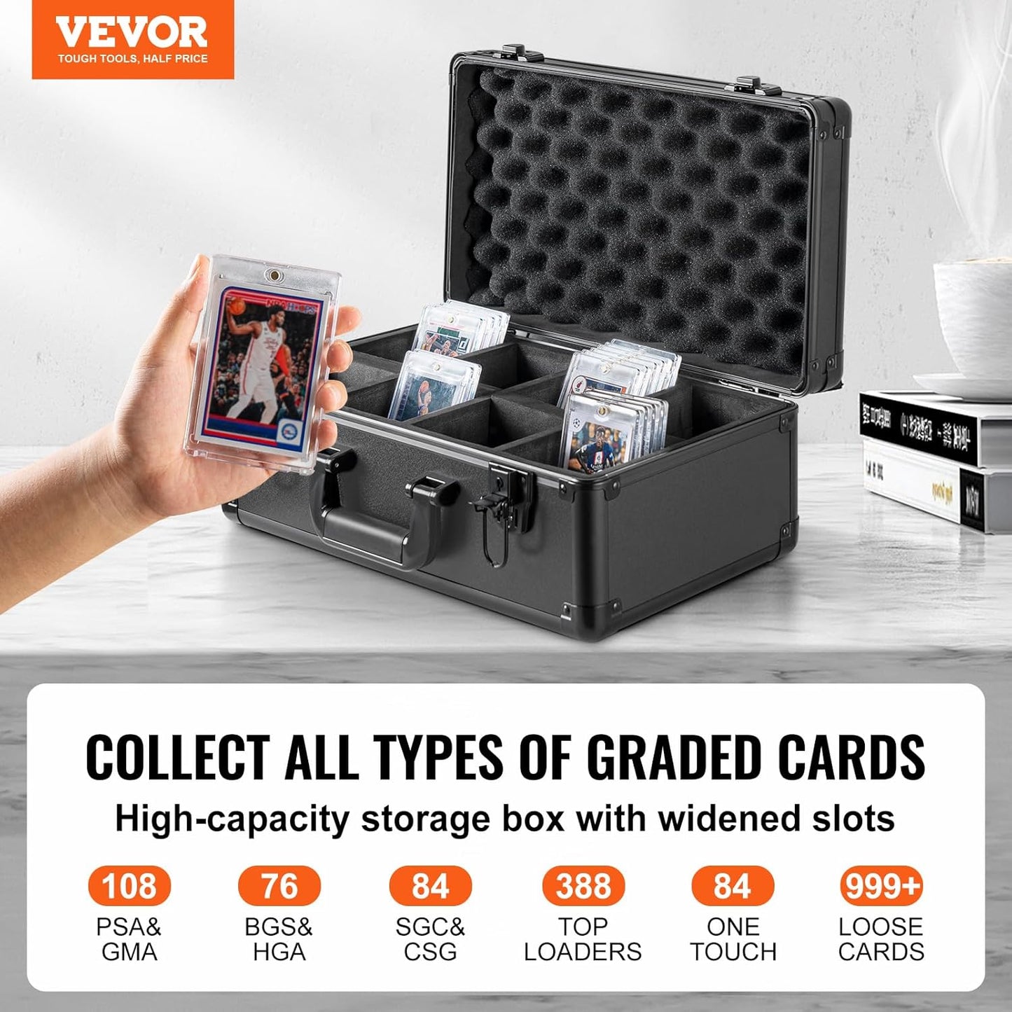 VEVOR Graded Card Storage Box, 4 Slots, Sports Card Holder with Key Lock
