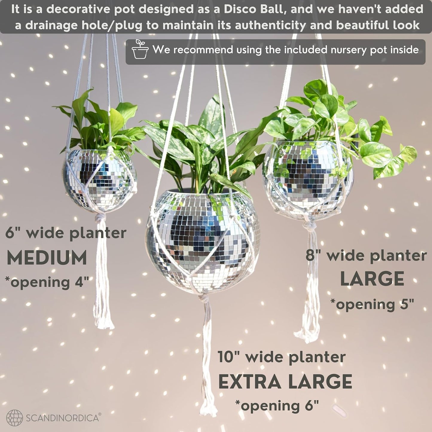 SCANDINORDICA 8‑Inch Silver Disco Ball Hanging Planter with Stand