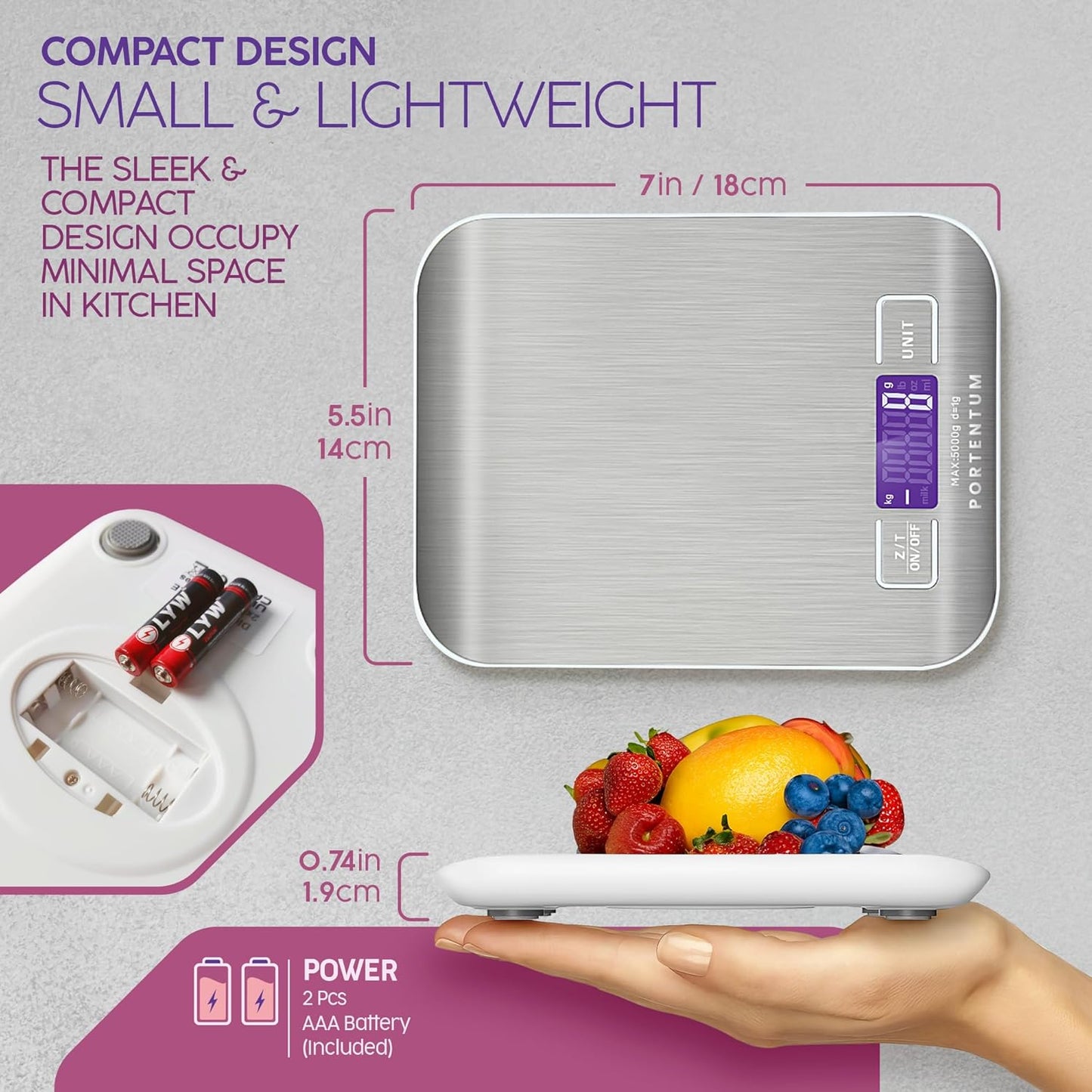 PORTENTUM Digital Kitchen Scale, 11lb Stainless Steel, Precise Food Scale