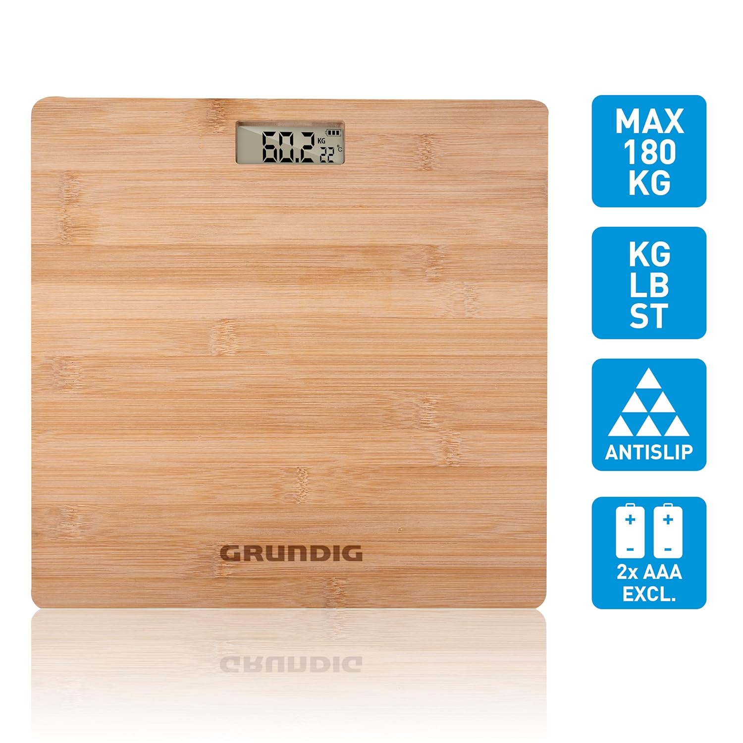 Grundig Bamboo Digital Personal Scale – 180kg Capacity, Multi‑Unit, Non‑Slip