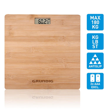 Grundig Bamboo Digital Personal Scale – 180kg Capacity, Multi‑Unit, Non‑Slip