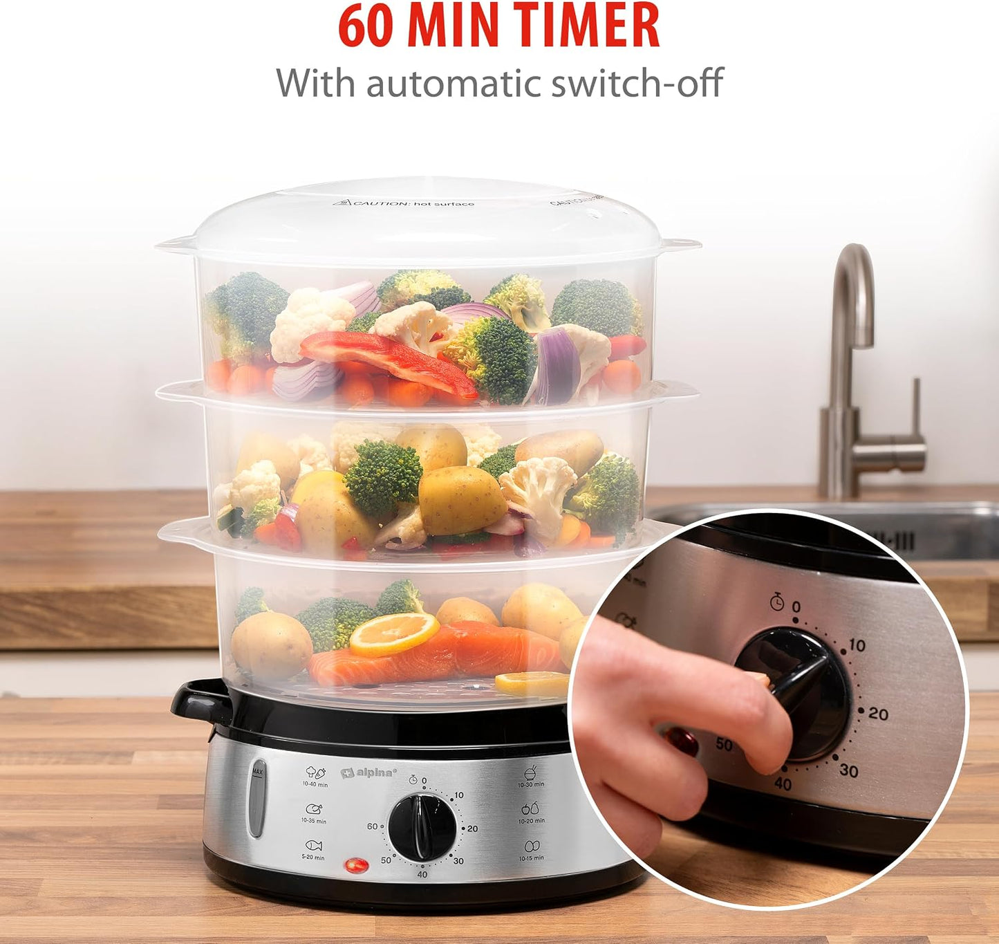 Alpina Food Steamer 230V 800W 3-Layer 9L Grey