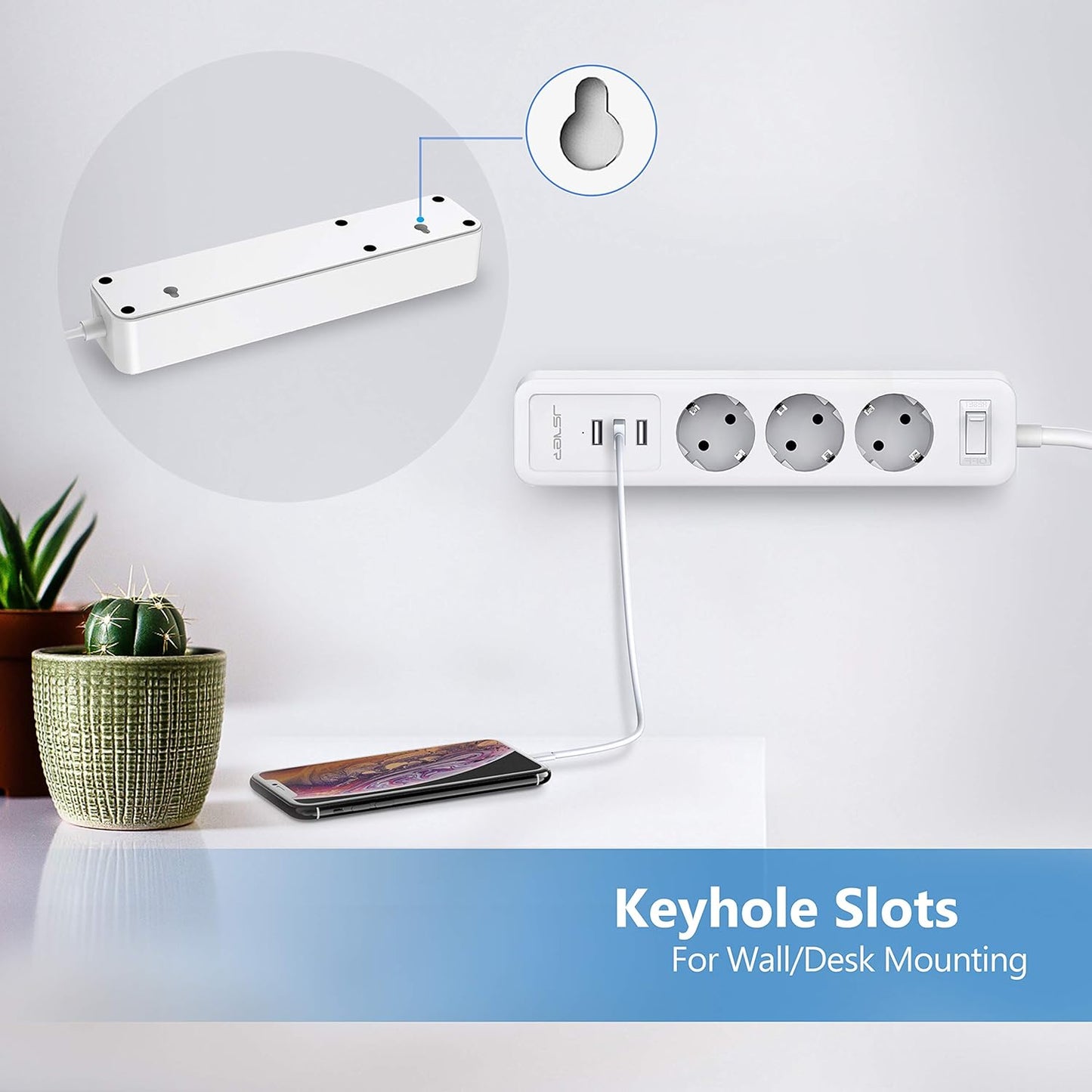 JSVER Strip with 3 Outlets, 3 USB Ports, 2m Cable