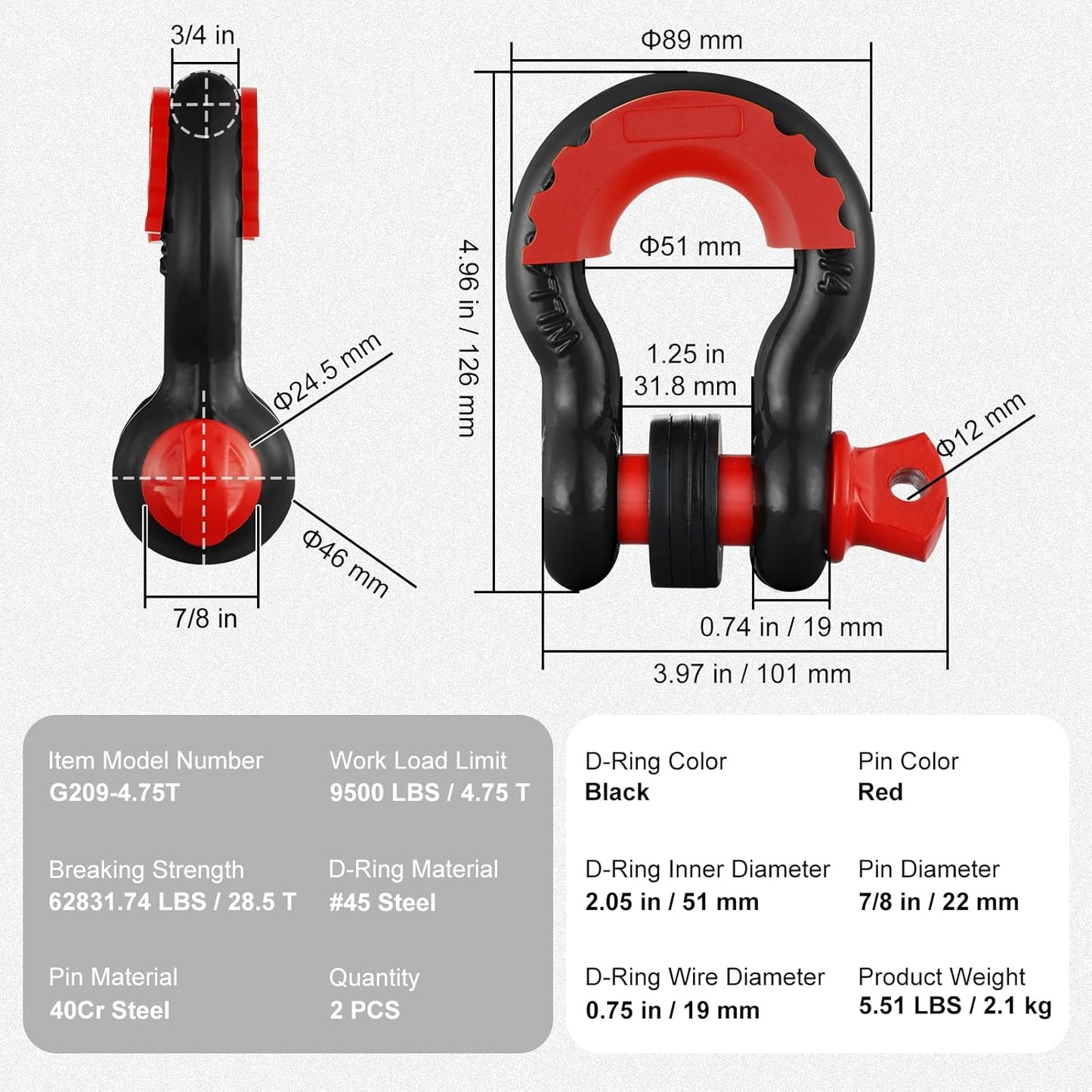 VEVOR 4.75 Ton D-Ring Alloy Steel Tow Shackles for ATV Trucks