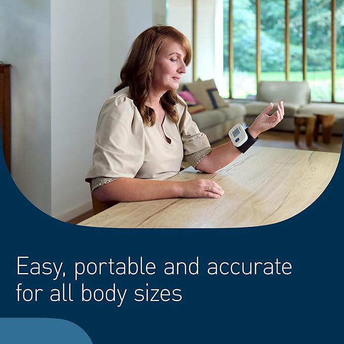 Woman using a device on her arm in a home setting with text about ease, portability, and accuracy.
