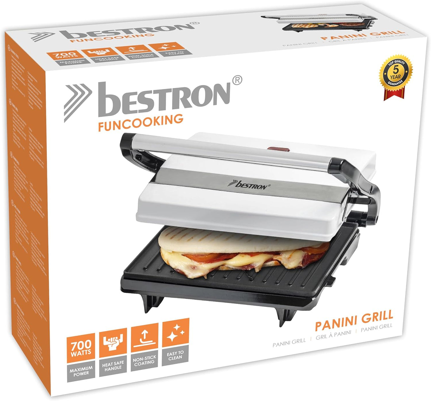 Bestron Contact Grill with Crumb Tray, 700W Panini & Sandwich Maker - White