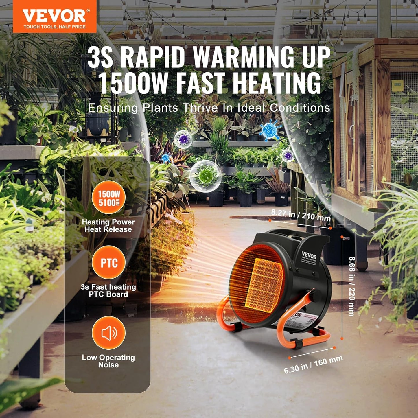 VEVOR 2000W PTC Greenhouse Heater Portable Electric Grow Tent Heater with 3 Speeds and Overheat Protection