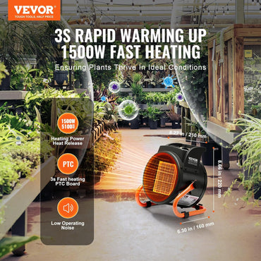 VEVOR 2000W PTC Greenhouse Heater Portable Electric Grow Tent Heater with 3 Speeds and Overheat Protection