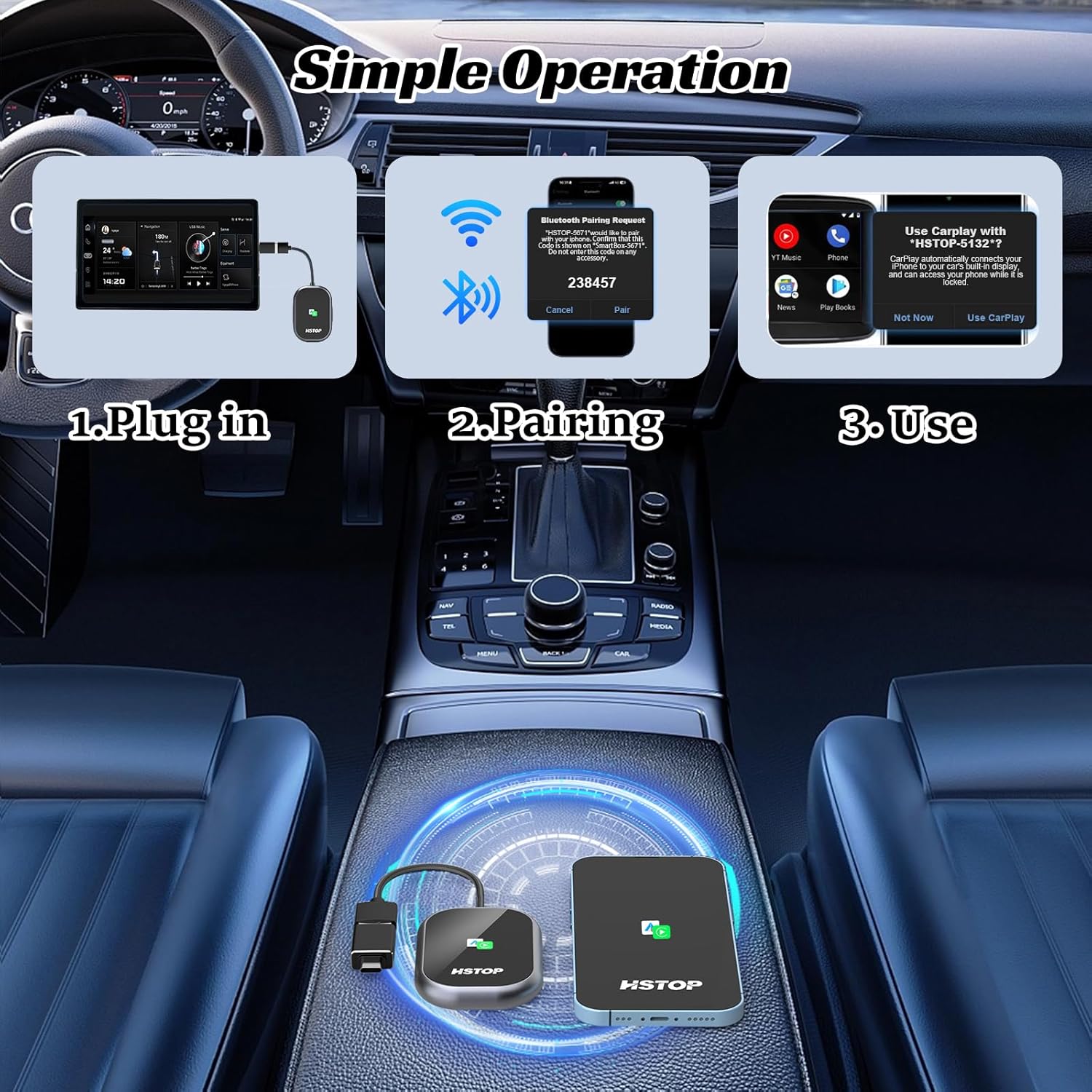 HSTOP 2-in-1 Android Auto & Apple CarPlay Wireless Adapter, USB‑A to USB‑C Converter