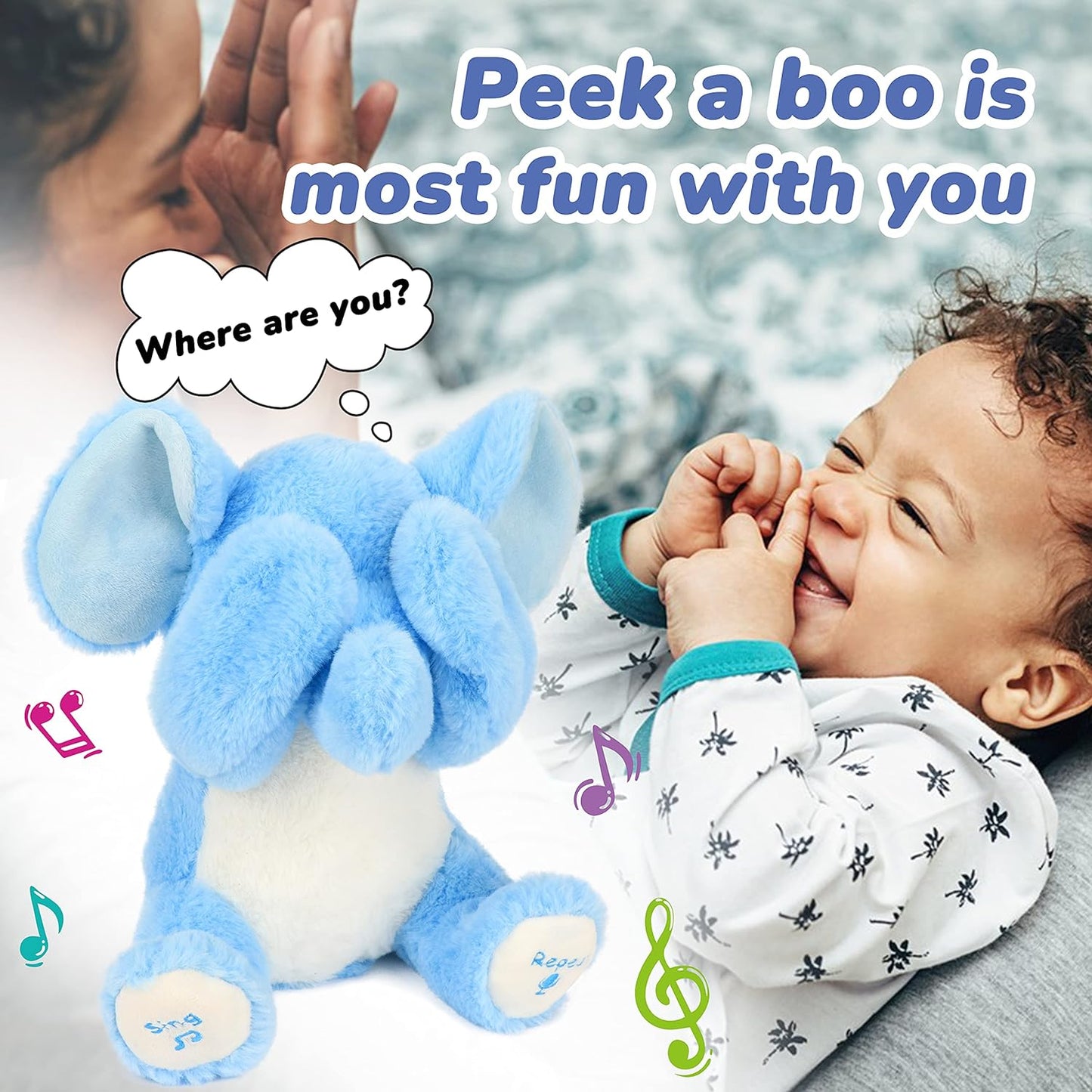 Hopearl Peek-A-Boo Interactive Singing Soft Elephant Plush Toy Blue