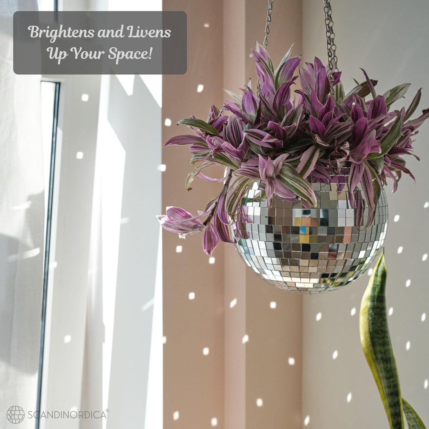SCANDINORDICA 8‑Inch Silver Disco Ball Hanging Planter with Stand