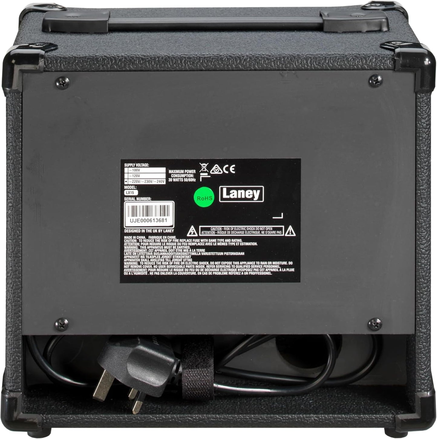 Back view of a black guitar amplifier with visible branding and power cord.