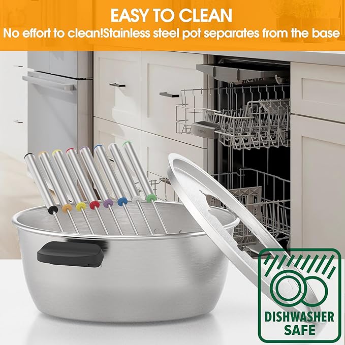 Stainless steel pot with lid on a kitchen counter, dishwasher open in the background, with text 'Easy to clean' and 'Dishwasher safe'.