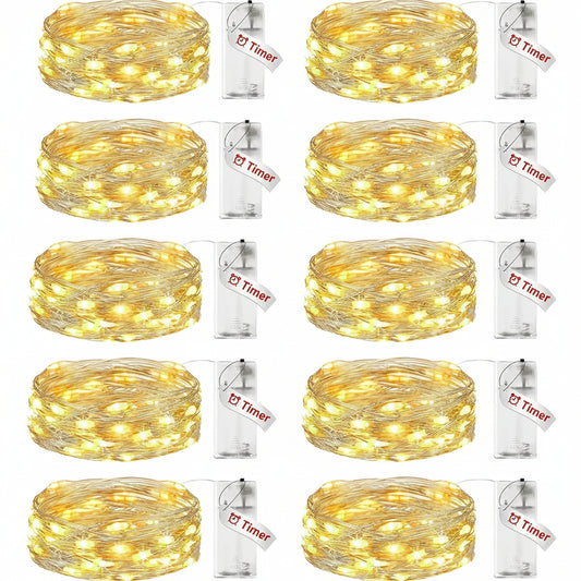 Litogo 10-Pack Fairy Lights Battery Operated with Timer 2.1m 20 LED Waterproof Silver Wire Warm White