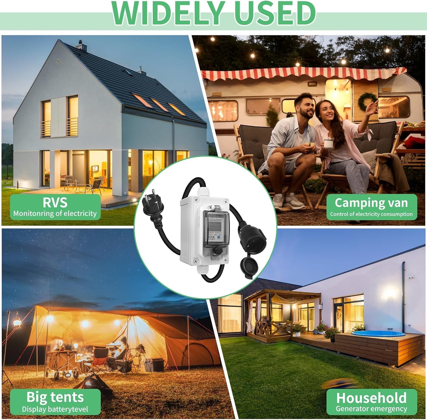 SWAWIS Mobile Digital Power Meter 230V IP67 Outdoor KWH Energy Monitor Socket