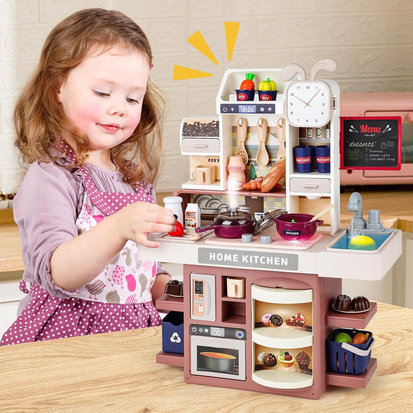deAO Red Kids Kitchen Playset with Light, Steam, Water