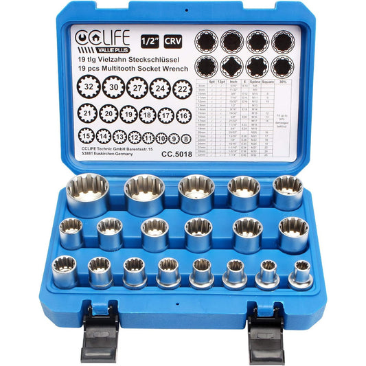 CCLIFE 19-Piece 12-Point Gear Lock Spline Socket Set