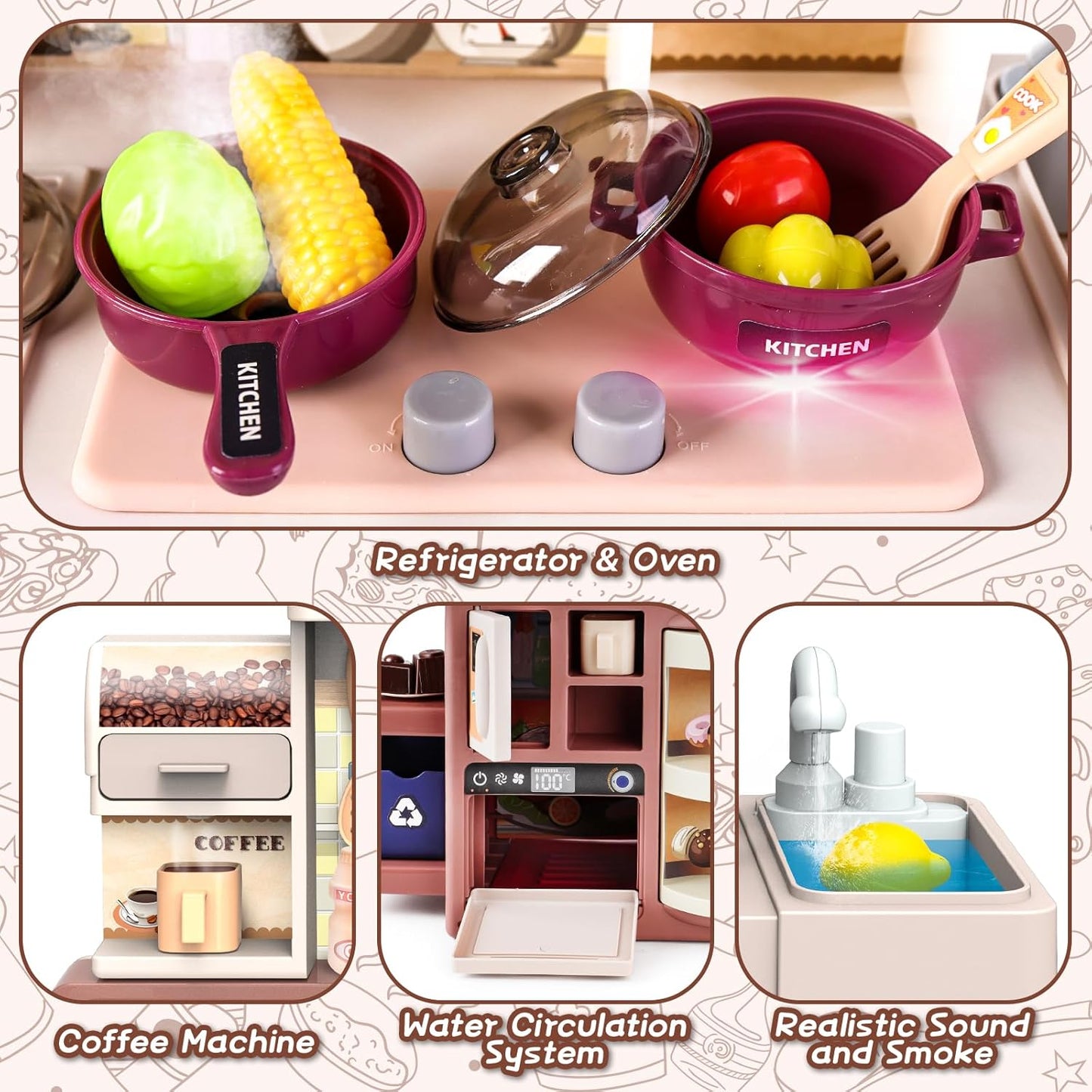 deAO Red Kids Kitchen Playset with Light, Steam, Water