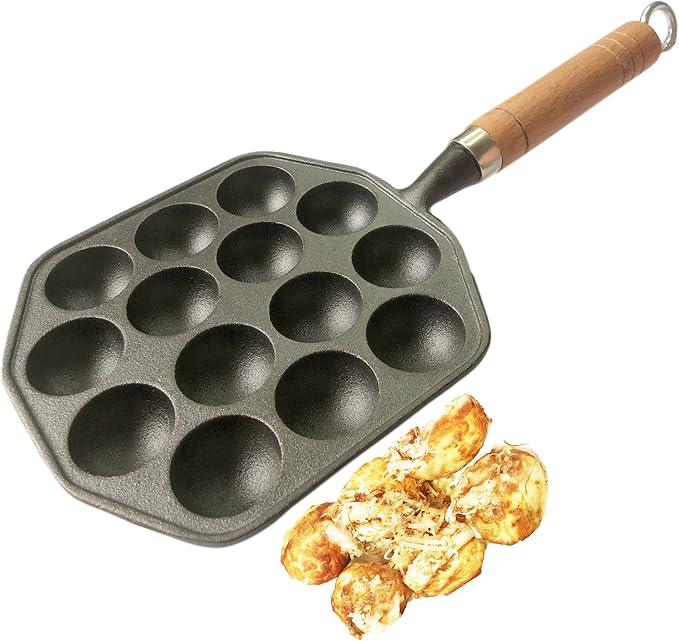 Heaunzy Cast Iron Takoyaki Pan with Beech Handle 14-Hole - Gomix Brands Outlet