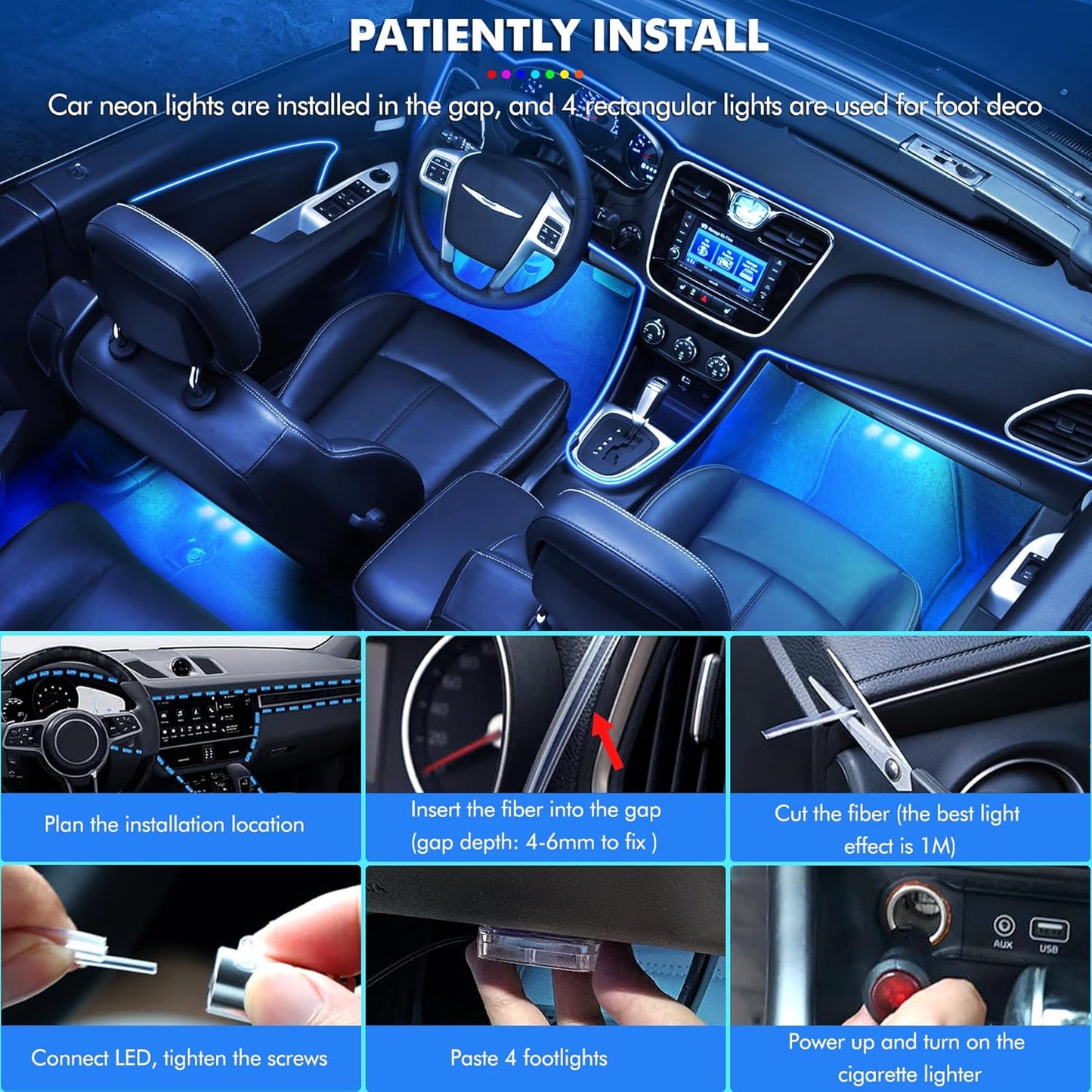 YAOBLUESEA 12V 6.5M Waterproof RGB LED Car Interior Light Kit