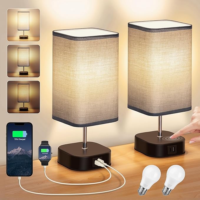Bedside Lamps Set of 2 – Touch‑Control, USB‑C/A Charging, 3‑Way Dimmable Table Lamps with Grey Fabric Shade