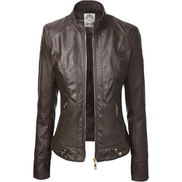 Made By Johnny Women's Vegan Leather Biker Jacket – Coffee XL