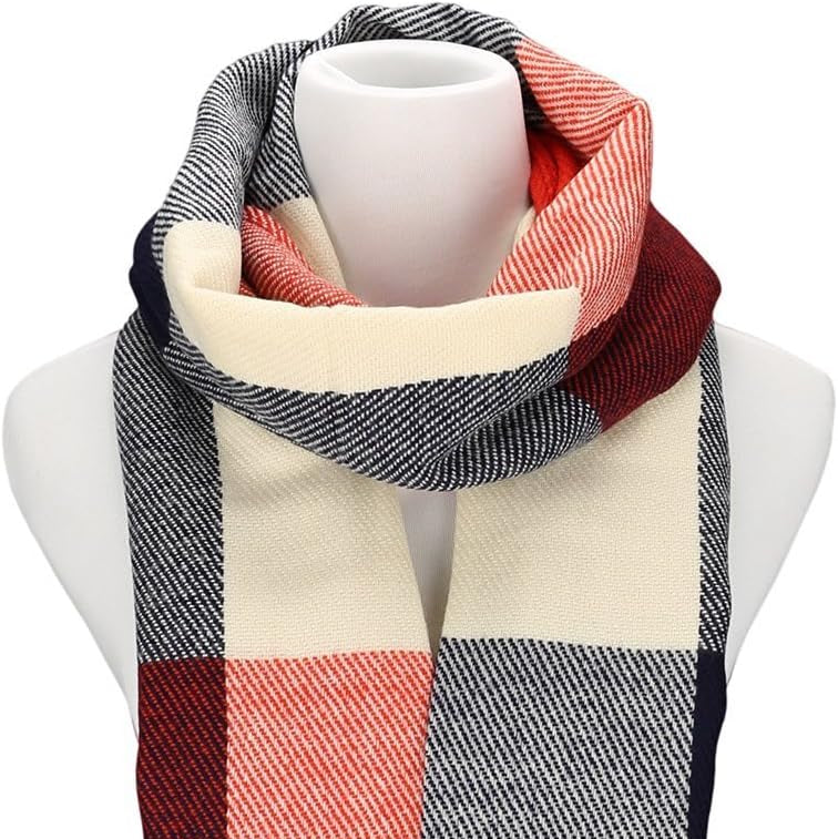 Cozy Long Women's Plaid Cashmere-Blend Winter Shawl Scarf with Tassel