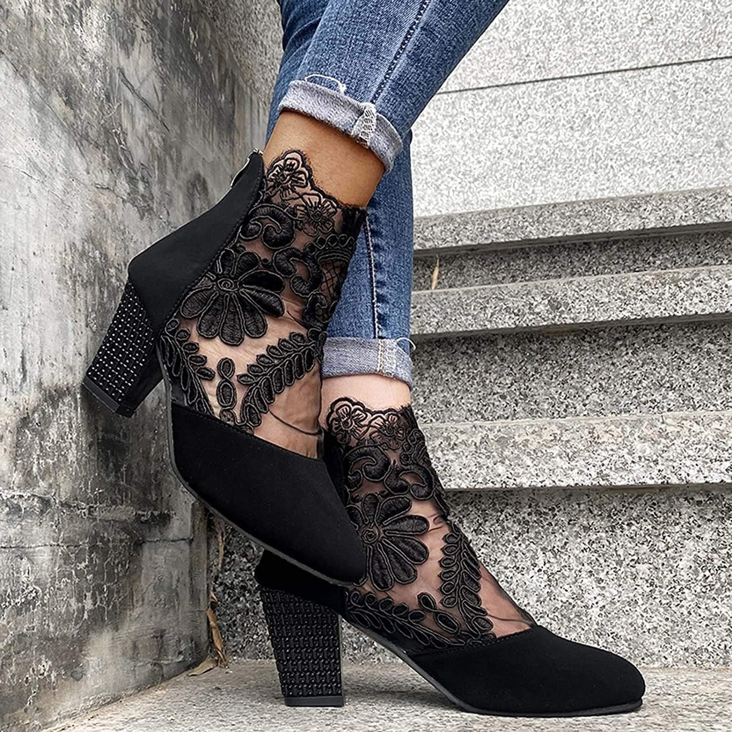 Women's Elegant Lace Ankle Boots - Breathable High Block Heel Booties