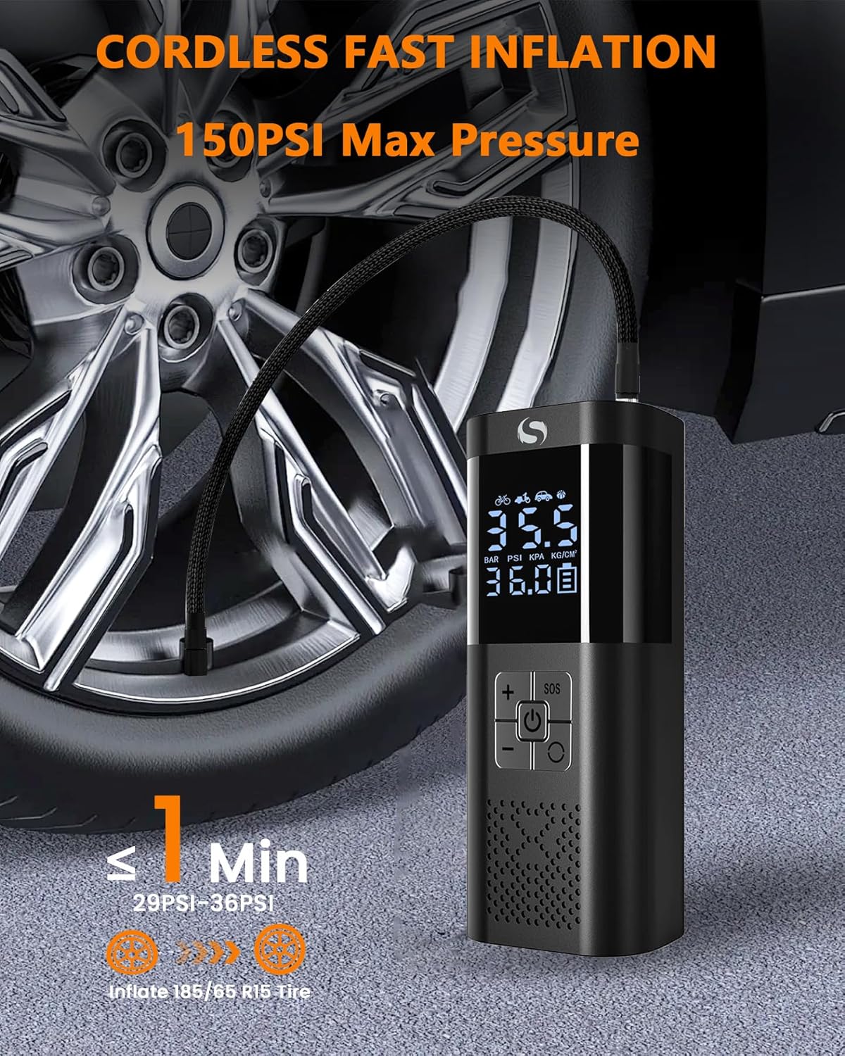 SERVOMASTER Portable Electric Air Pump: 150 PSI Cordless Tire Inflator with LED Light