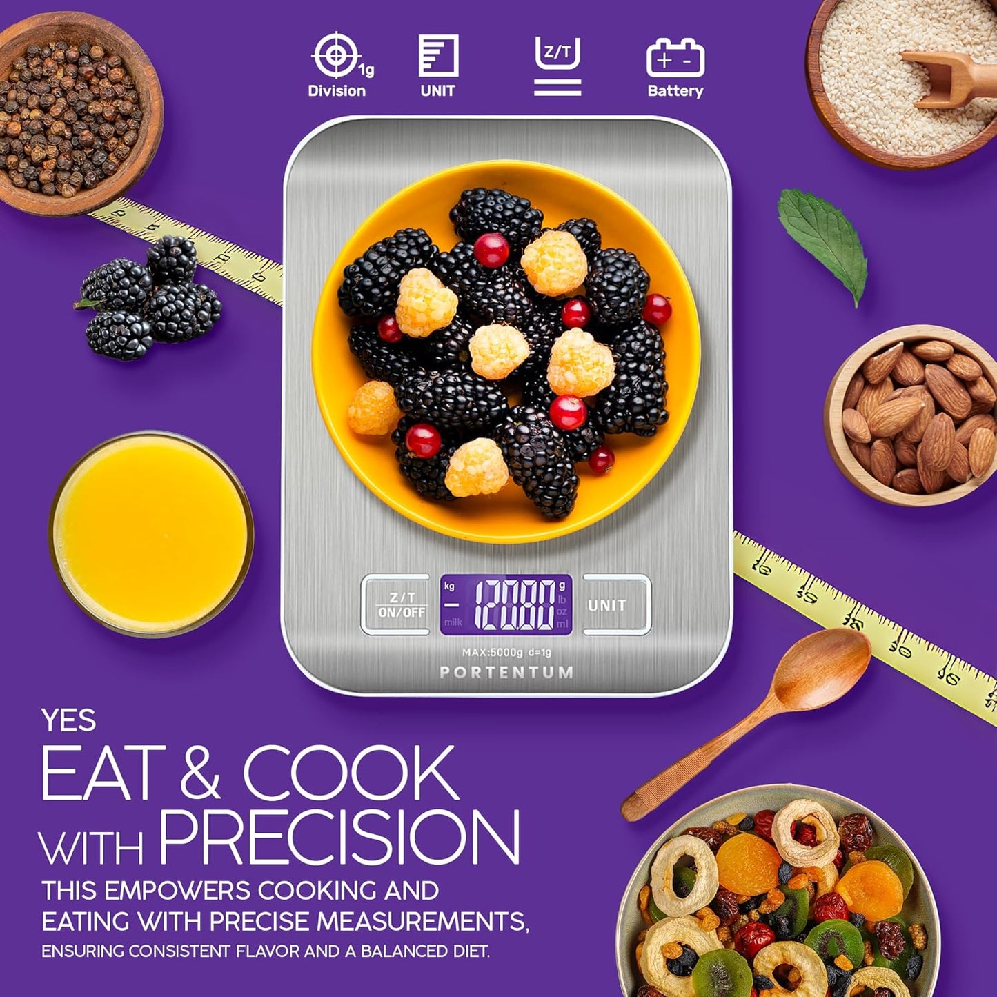 PORTENTUM Digital Kitchen Scale, 11lb Stainless Steel, Precise Food Scale