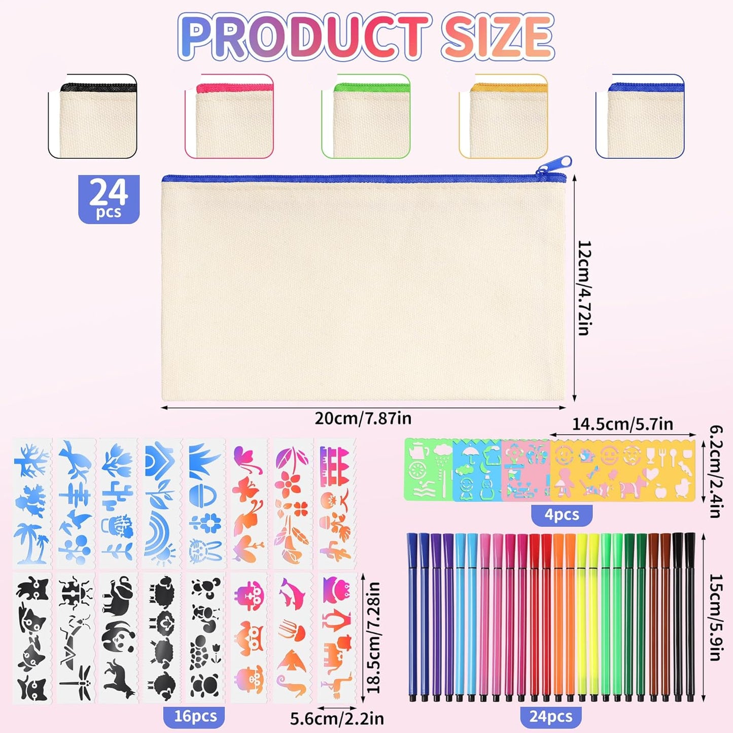 Wusboo 24‑Piece Canvas Tote Pencil Case DIY Craft Kit