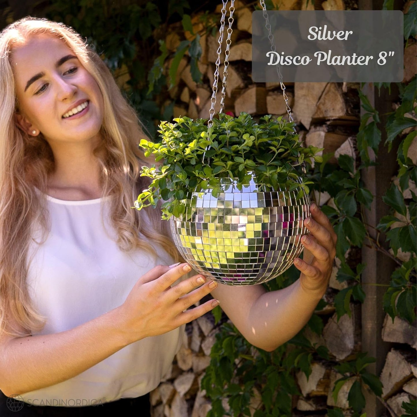 SCANDINORDICA 8‑Inch Silver Disco Ball Hanging Planter with Stand