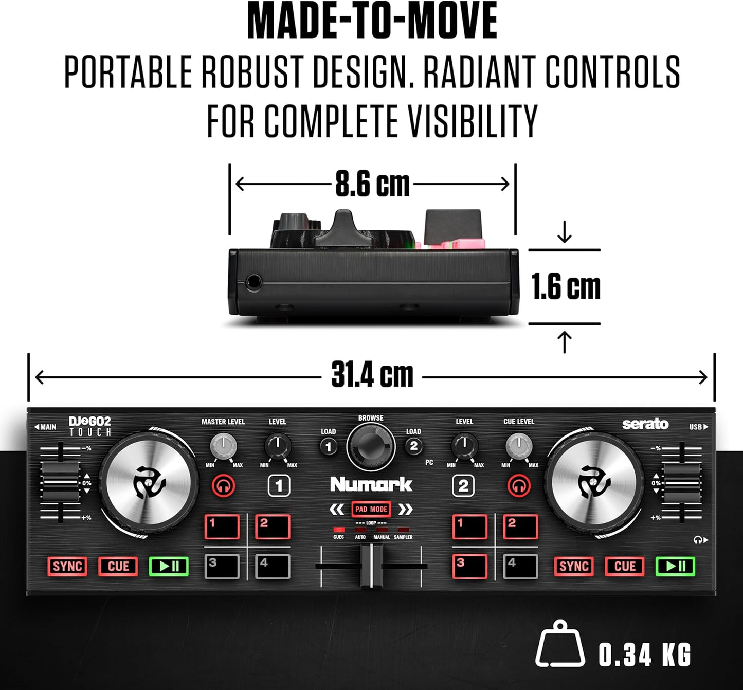 Numark DJ2GO2 Touch: Portable 2-Deck USB DJ Controller with Audio