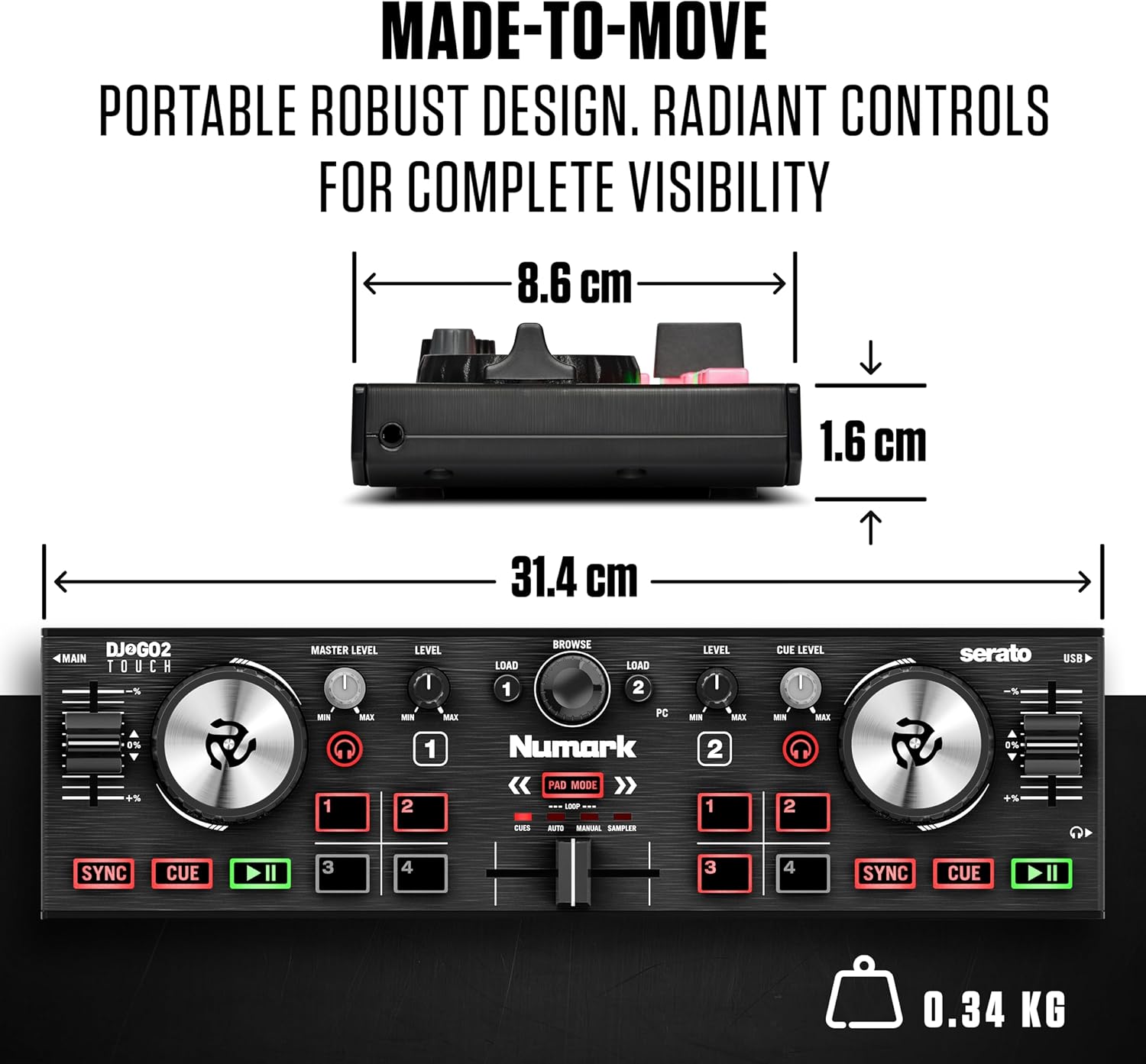 Numark DJ2GO2 Touch: Portable 2-Deck USB DJ Controller with Audio