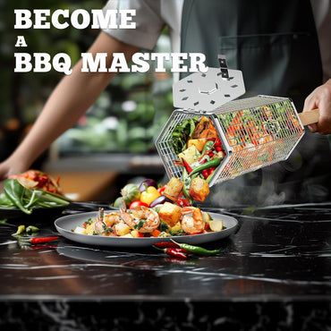 Rolling Grill Basket with Removable Wooden Handle, 304 Stainless Steel Nestable Set for Vegetables and Meats