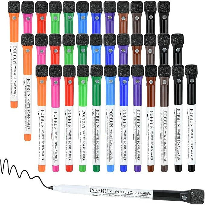 POPRUN 36-Count Fine Tip Magnetic Dry Erase Markers – 11 Colors
