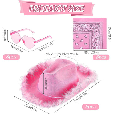 24 Pink Fluffy Feather Cowgirl Hats with Bandana & Heart Sunglasses