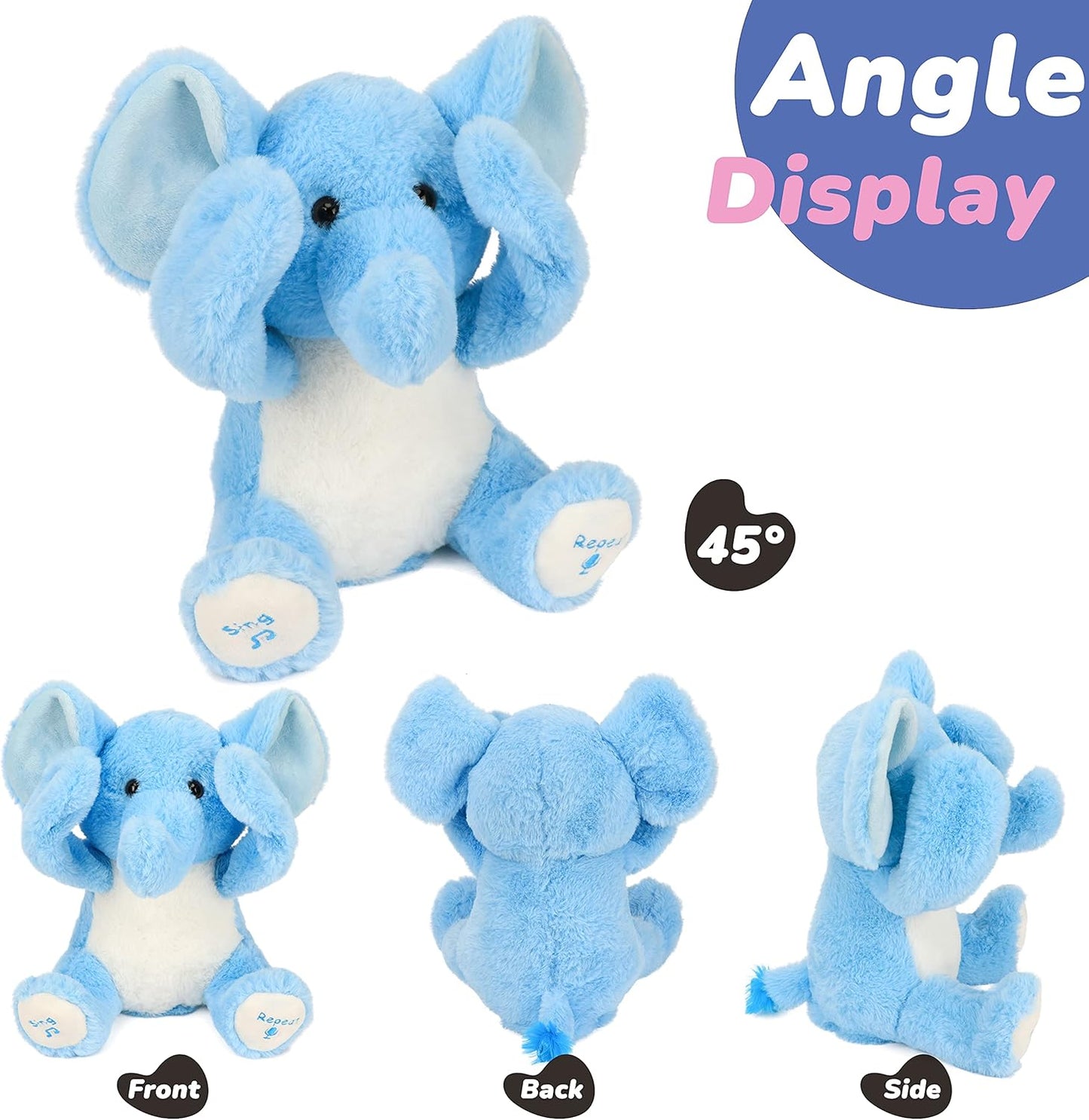 Hopearl Peek-A-Boo Interactive Singing Soft Elephant Plush Toy Blue