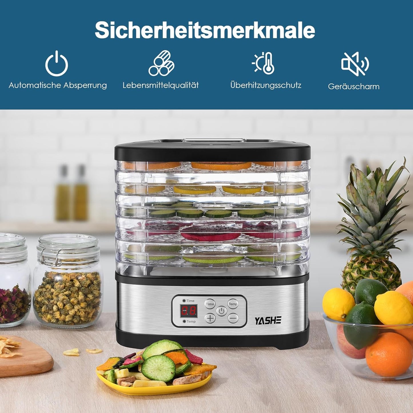 YASHE GGJ-261B 5‑Tray Food Dehydrator with LED Display, 35‑70°C Temperature Range, 72‑Hour Timer