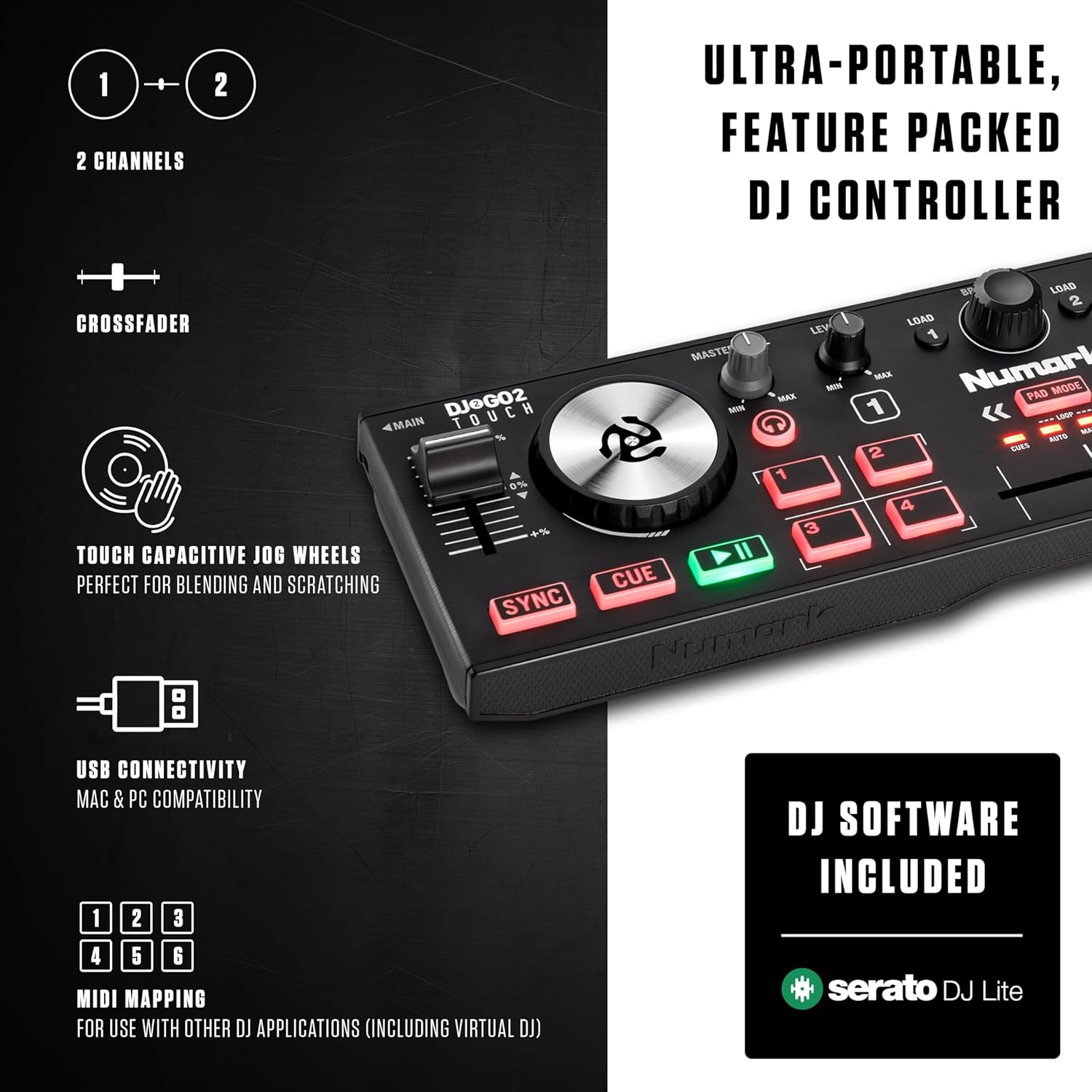 Numark DJ2GO2 Touch: Portable 2-Deck USB DJ Controller with Audio