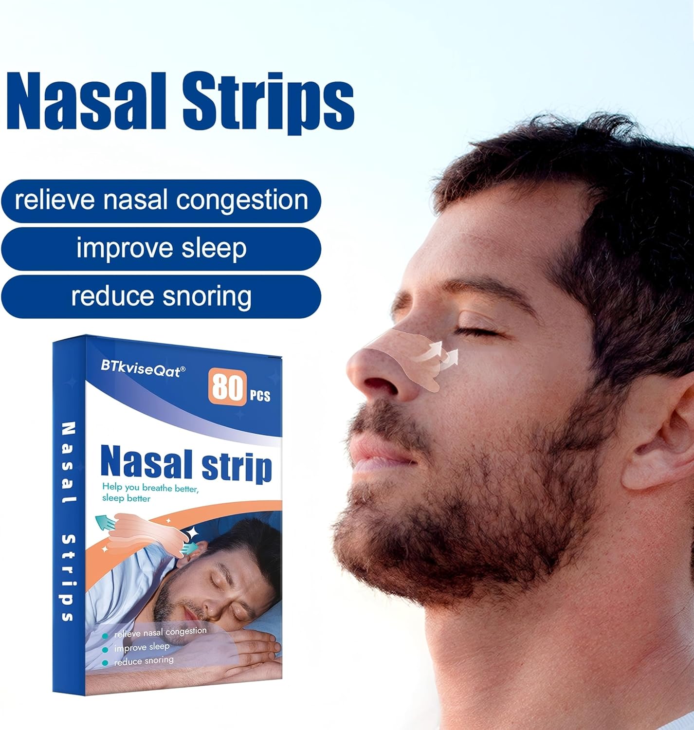 BTkviseQat 80-Count Nasal Strips for Snoring Relief and Clear Breathing