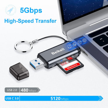 Beikell SD Card Reader Dual Connector USB 3.0 USB C Memory Card Adapter Supports SD Micro SD SDXC SDHC MMC RS-MMC UHS-I Compatible with MacBook Pro MacBook Air iPad Pro Galaxy S21