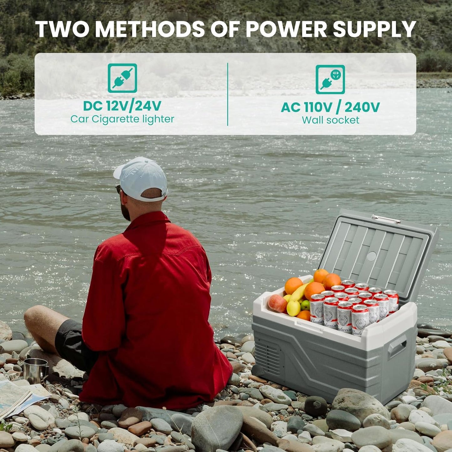 Person sitting by a river with a cooler box containing drinks and fruits, with power supply methods displayed above.